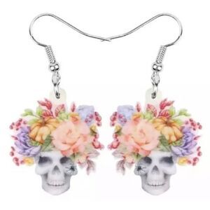 Skull with Floral Crown Lightweight Earrings Halloween Dia de los Muertos Sugar